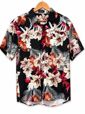 MCEDAR Men’s Hawaiian Floral Button Up Shirt Black Pink Tropical Size M